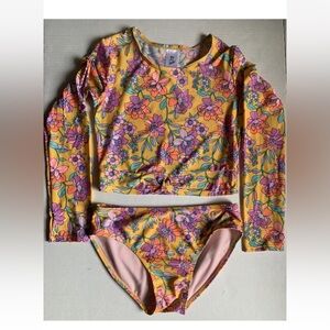 Art Class Girls Sz XL (14) Orange Floral Long Sleeve Top and Bottom Swim Set